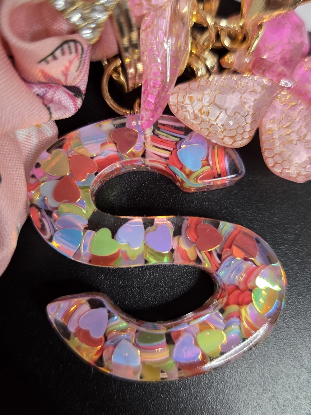 Pink Personalized Letter "S" With Butterfly Charm & Hair Scrunchie Keychain!